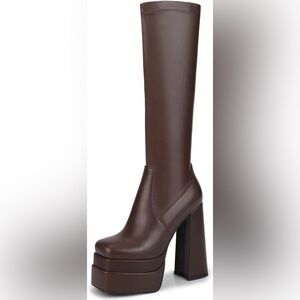 Wet Kiss •  Brown Platform Knee High Boots Women Chunky Heel